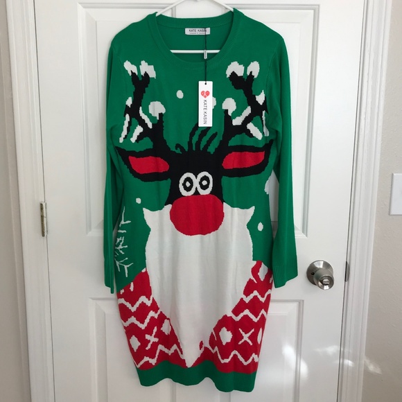 Christmas Kate Kasin Reindeer Bodycon Ugly Sweater Dress Size L Green Red - Picture 1 of 5